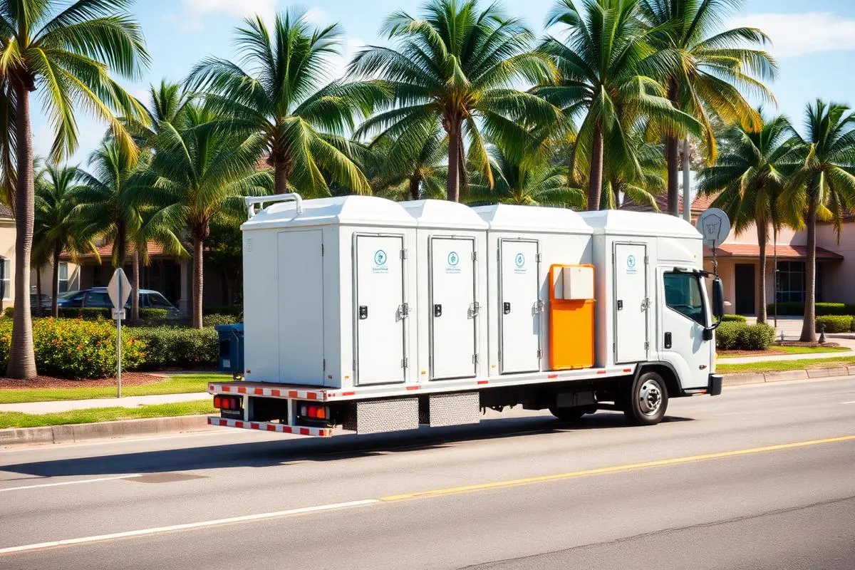 Service truck loaded with portable restroom units on a Florida residential street