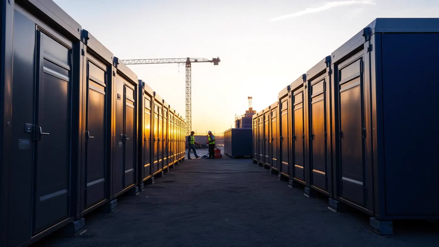 Row of clean portable restroom units lined up at a construction site at sunrise